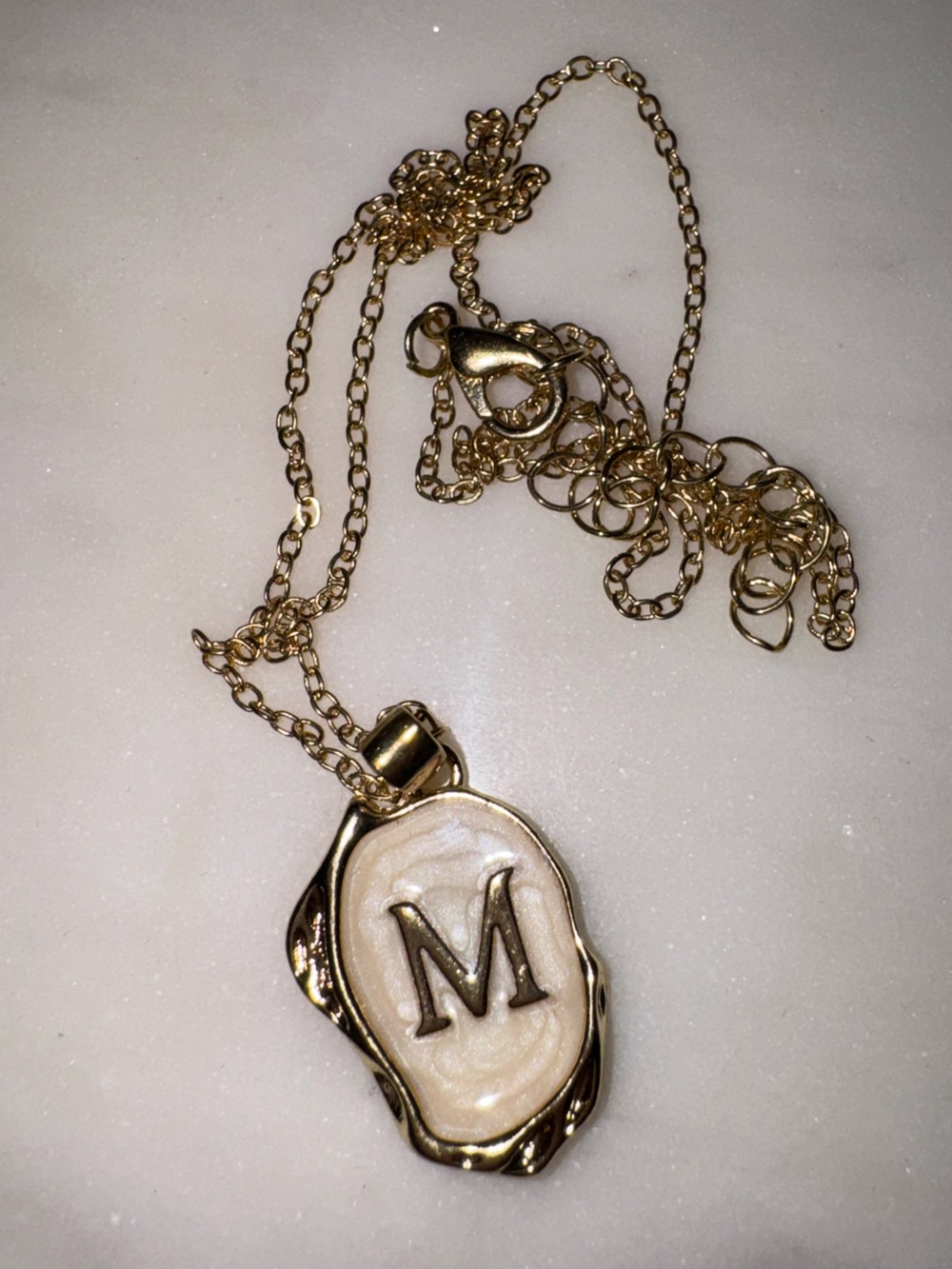 Gold Initial M Pendant Necklace with White Inlay